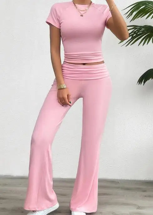 Yoga Style Solid Color Round Neck Short Sleeved Top and Micro Flared Pants Set for Summer Women's Solid Color Sports 2-Piece Set