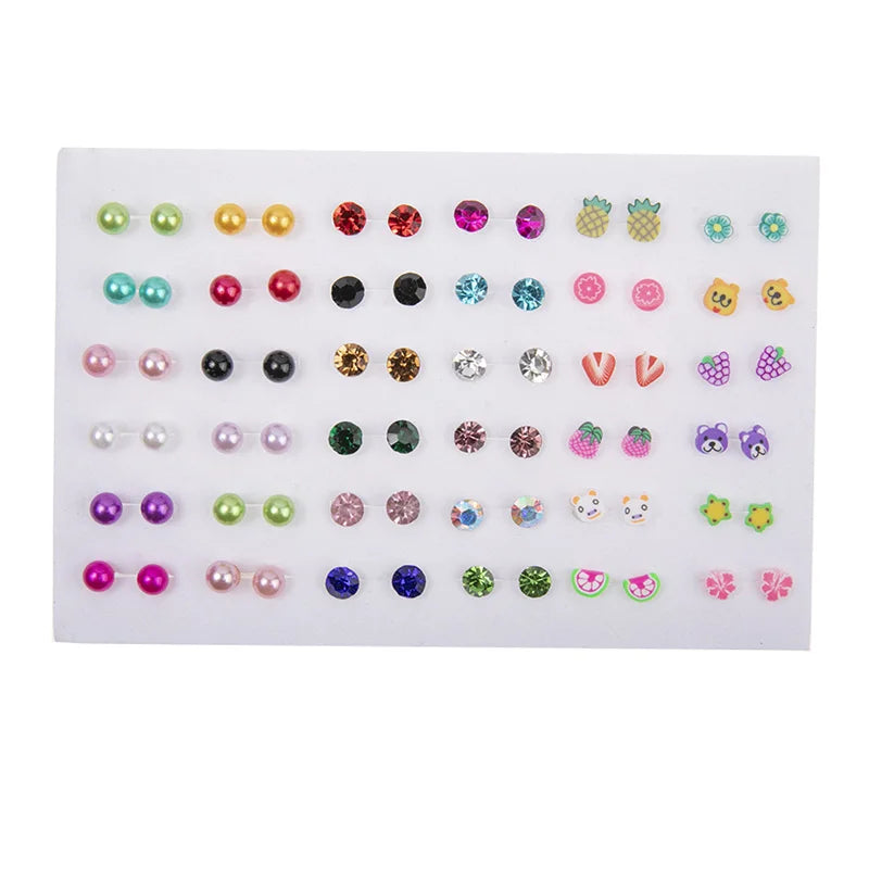 36Pair Mixed Size Colorful Crystal Stud Earrings Set Women Girls Small Plastic Clay Animals Fruit Earrings Set Jewelry Gifts