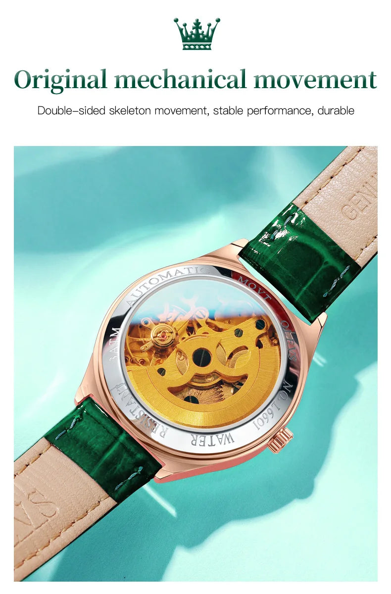 OLEVS Luxury Brand Women Mechanical Watch Leather Strap Waterproof Simple Fashion Ladies Automatic Wristwatch Relojes Para Mujer