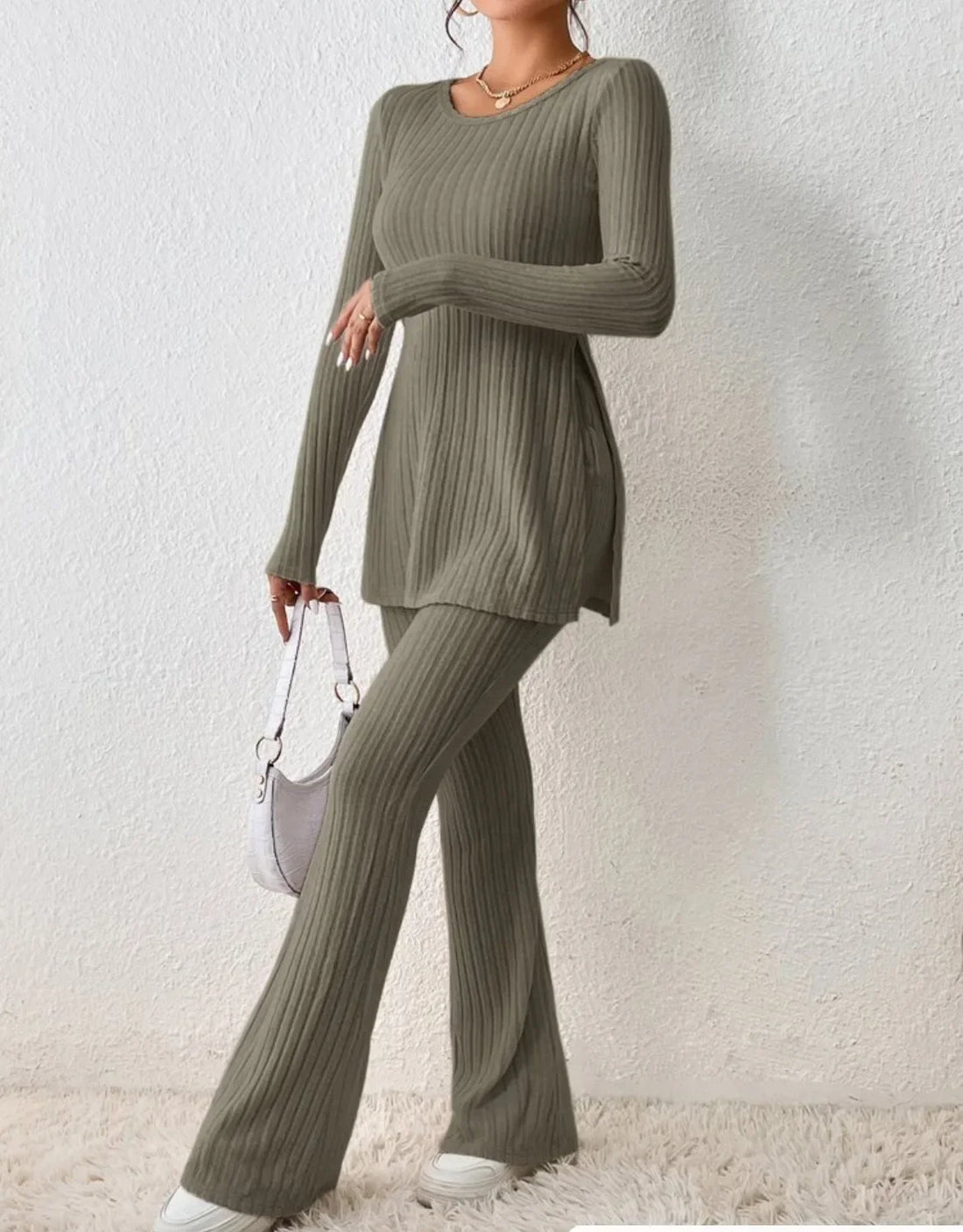 Autumn Winter Fashion Knit Suit 2024 Casual Loose Pullover+Elastic Long Pants Print Knitted Solid Two Pieces Sets Women Clothing