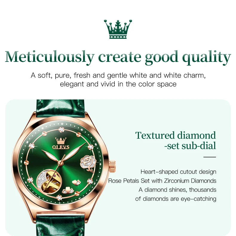 OLEVS Luxury Brand Women Mechanical Watch Leather Strap Waterproof Simple Fashion Ladies Automatic Wristwatch Relojes Para Mujer