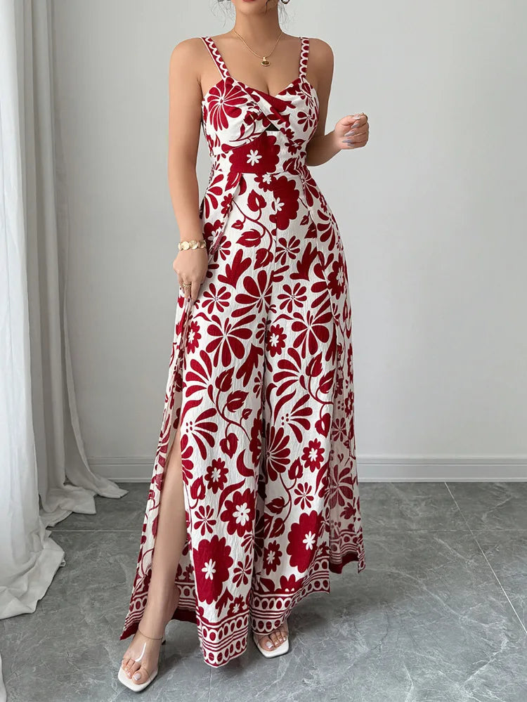 Jumpsuits Sleeveless Women V Neck Print Rompers Wide Leg Length Pants Jumpsuit Sexy High Waist Slight Strech Loose One Piece