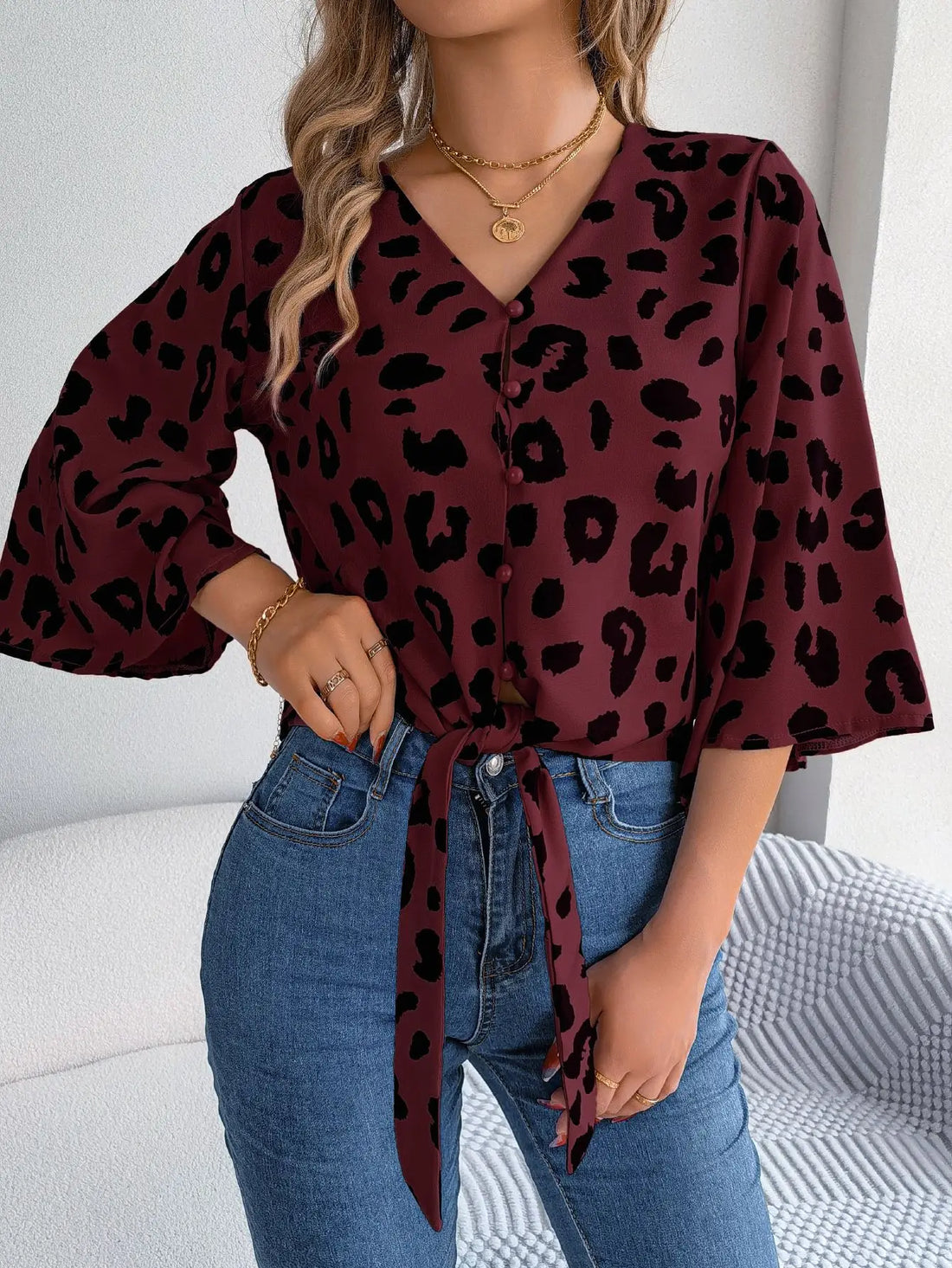 Spring Summer Casual Leopard Print Middle Sleeve Tie Bow Top Women Button Shirt
