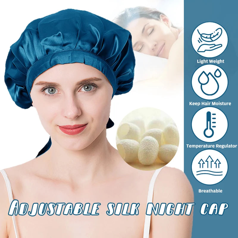 Women's Adjustable Lace-up  Mulberry Silk Sleep Hair Hat Care  Headwrap Hat Satin Sleeping Bonnet Night Cap