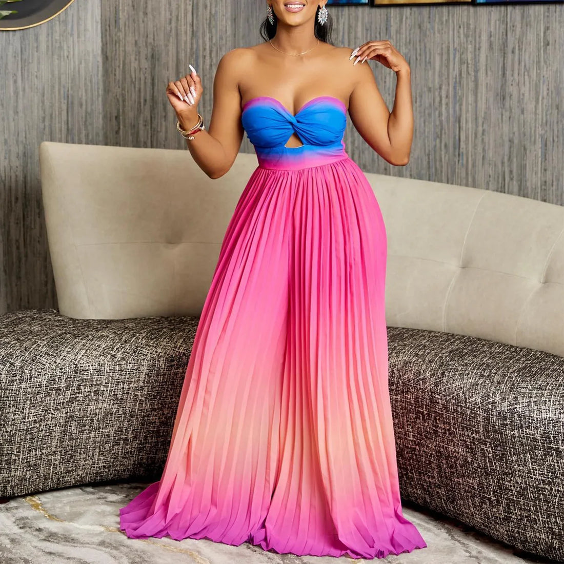 One Piece Women Jumpsuits Strapless Tie Dye Sleeveless Sexy Sling Wide Leg Long Pants Slim Pleated Overalls Backless Rompers