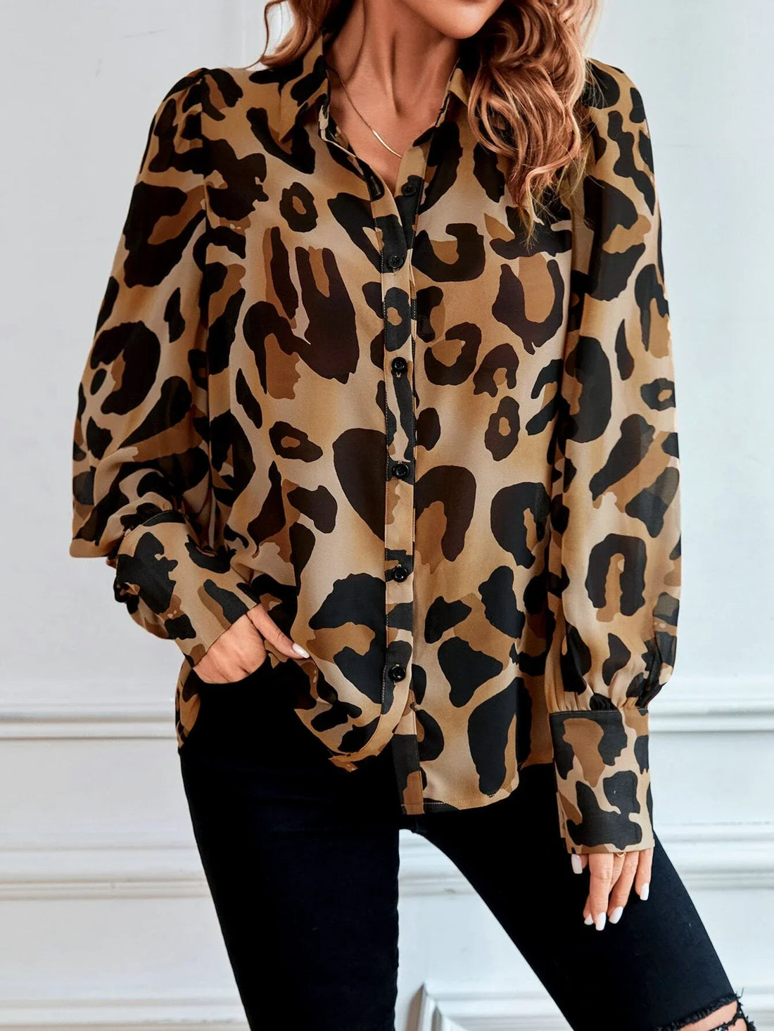 Spring and autumn ladies full print leopard print lapel shirt  long-sleeved blouse  suitable for commuting work leisure office b