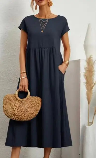 2024 Summer New Short Sleeved Women's Dress With Loose Casual Pockets Solid Color Round Neck Pullover Long And Elegant Dress
