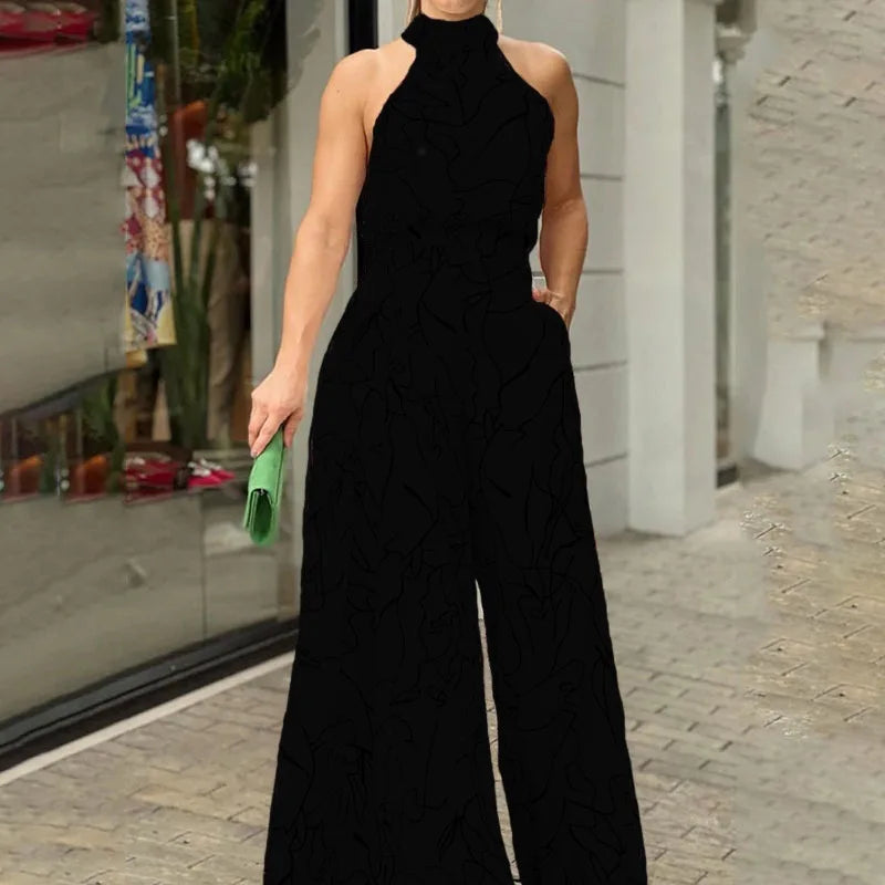 Women's New Fashion Round-neck Sexy Printed Jumpsuit Trousers Simple Sleeveless High Waist Tie Temperament Commuting Jumpsuit