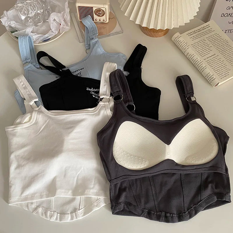 Women Embroid Letter Tank Tops With Bra Pad Casual Camis Y2K Crop Tops For Women Shoulder Belt Iron Ring Tank Tops