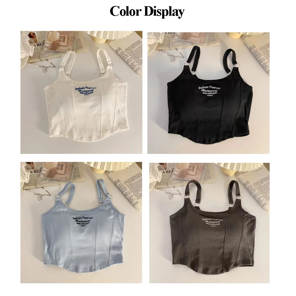 Women Embroid Letter Tank Tops With Bra Pad Casual Camis Y2K Crop Tops For Women Shoulder Belt Iron Ring Tank Tops