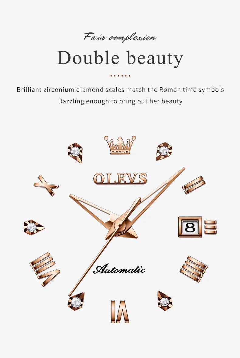 OLEVS 9932 Women's Automatic Mechanical Wristwatch Leather Strap Waterproof Dual Calendar Wristwatch Luxury Elegant Ladies Watch