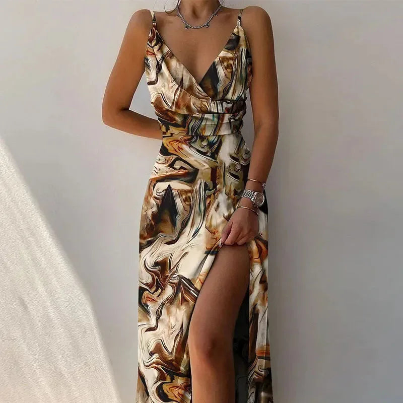 Women Print Dress Camisole V Neck Sleeveless A Line Long Dresses Spaghetti Strap Sexy Evening Skirt Prom Summer 2025 Vestidos