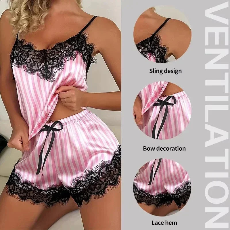 Two Piece Womens V-Neck Sexy Lace Lingerie Suspender Pajama Shorts Set Casual Woman Sleeveless Sexy Pajama Set Female Nightdress