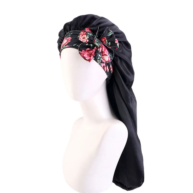 New Women Long Oversized Elastic Satin Print Bonnet Sleeping Cap with Ribbon Breathable Sleep Cap Turban Night Headwear Bandanas