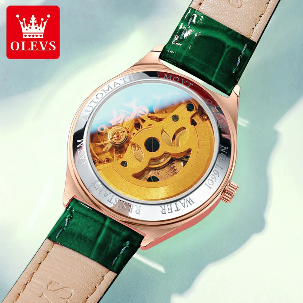 OLEVS Luxury Brand Women Mechanical Watch Leather Strap Waterproof Simple Fashion Ladies Automatic Wristwatch Relojes Para Mujer
