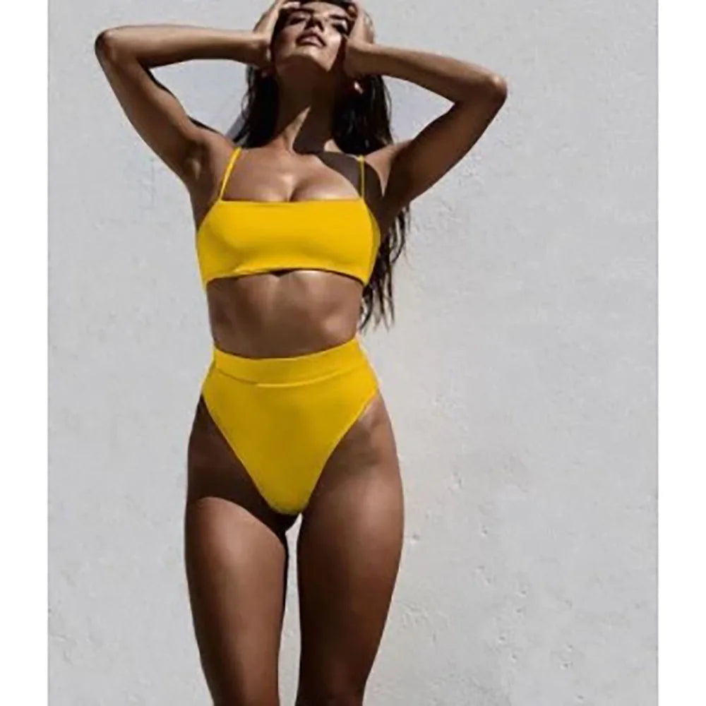 New 2024 Split Swimwear Solid Color Sexy Bikini Set Vacation Hollow Out Swimsuit Set For Woman Girl
