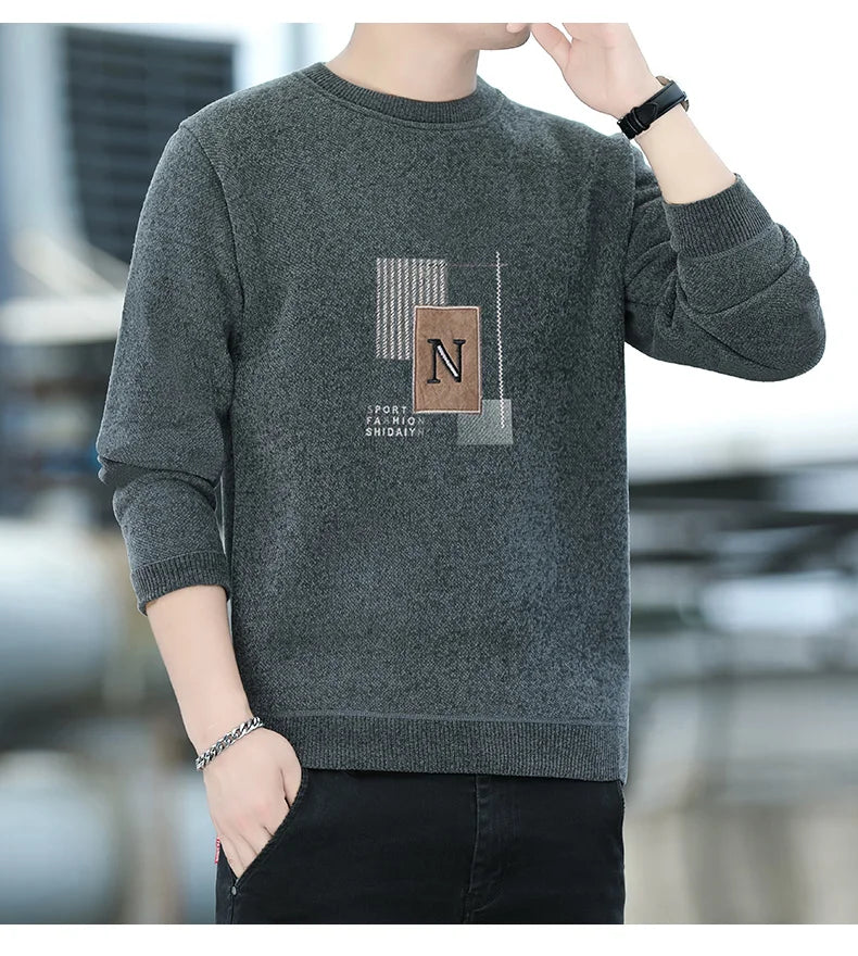 Autumn Winter Fashion Sweater Men's Round Neck Pullovers Fleece Thick Warm Jumpers Pattern Patchworked Men's Clothes