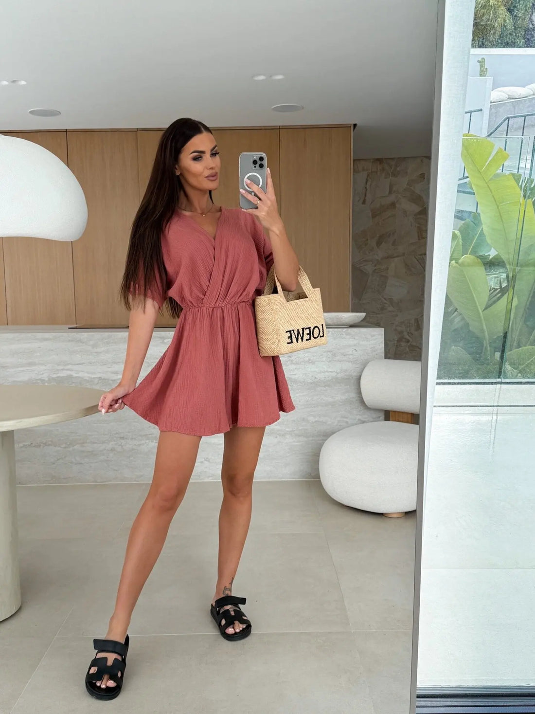 Summer Women's Jumpsuit Short Sleeved V-neck Fashionable Casual Waist Cinched Solid Color Jumpsuit