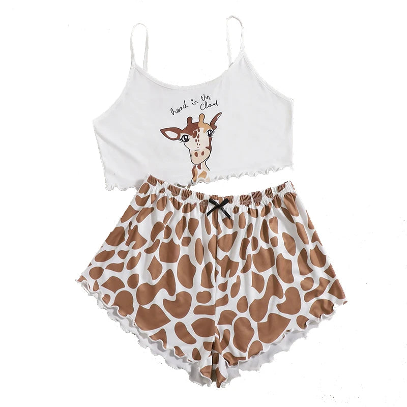 Women Sleepwear Cute Cartoon Print Short Set Pajamas Summer Sweet Sleeveless Pyjamas V-Neck Top & Shorts Homewear Animal Pijama
