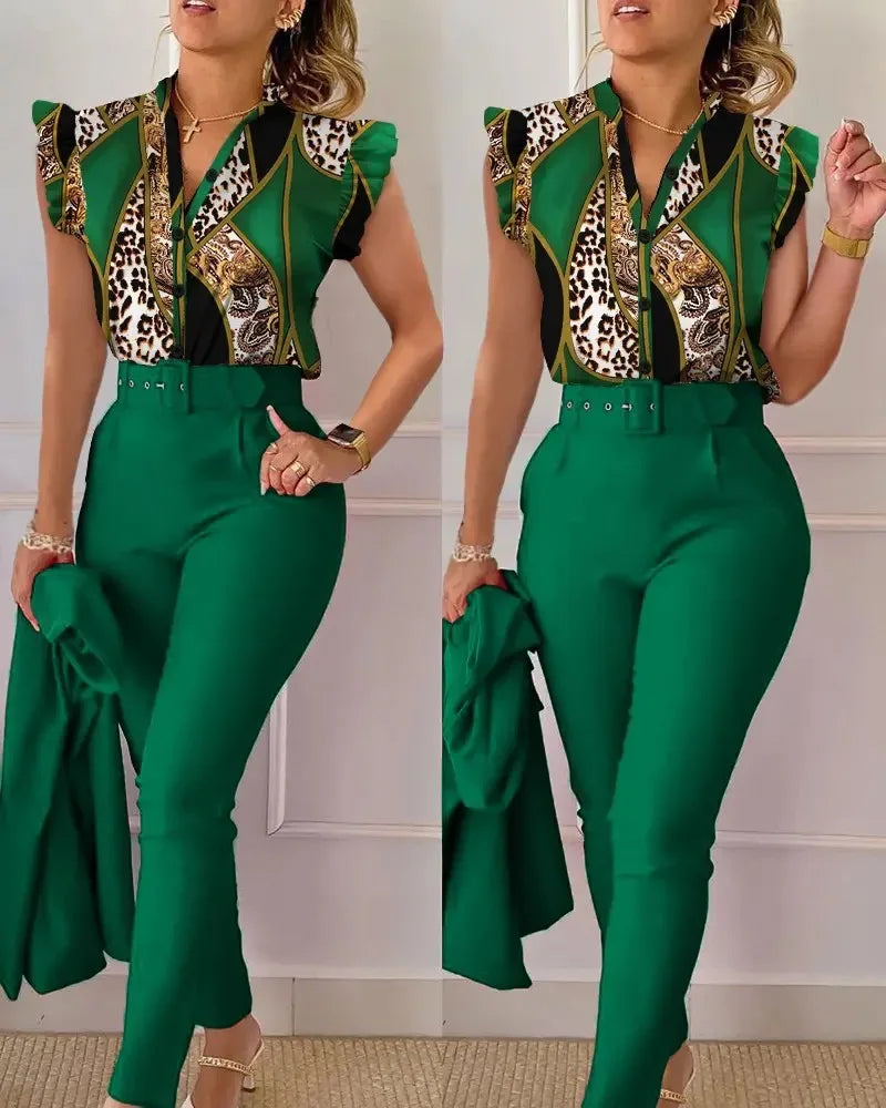 Spring Summer Women's New Printed Lotus Leaf Sleeveless Shirt Suit Elegant Slim Femal Office  Long Pants Belt Two Piece Set 2025