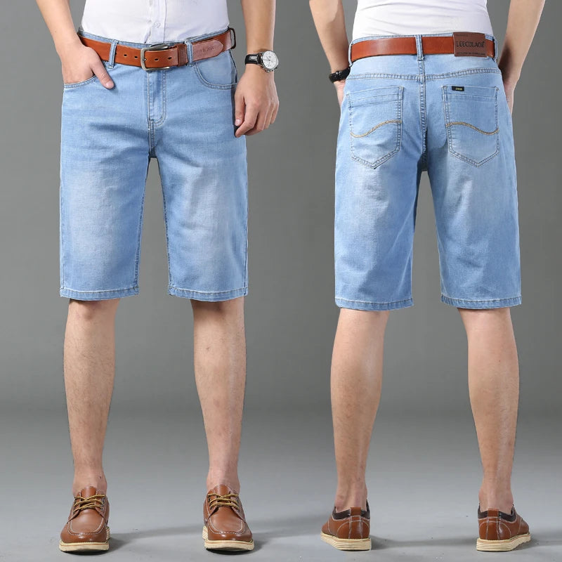 Summer Classic Shorts Jeans Men Denim Pants Straight Stretch Casual Cool Thin Knee Length Sky Blue Fashion Brand Daily Trousers