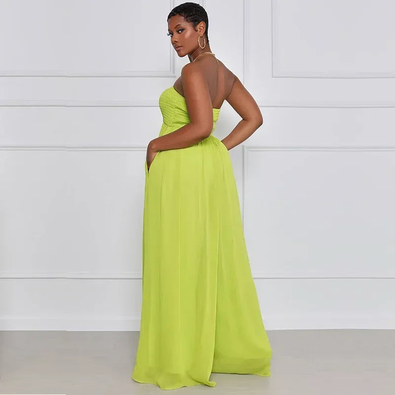 Women Strapless Sleeveless Long Loose Wide Leg Pants Overall Jumpsuits High Waist Solid Color Full Length Pants
