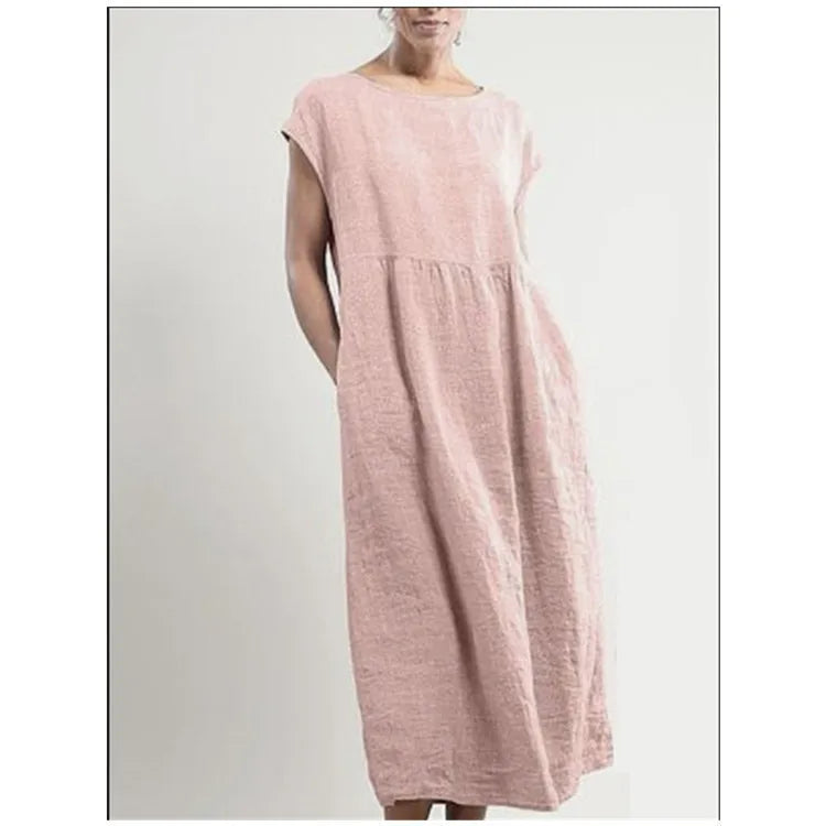 2024 Summer New Short Sleeved Women's Dress With Loose Casual Pockets Solid Color Round Neck Pullover Long And Elegant Dress
