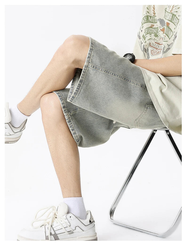 Casual Denim Shorts Men Elastic Waist Straight Comfortable Light Blue Soft Short Pants Baggy Wide Bermuda Male Jeans