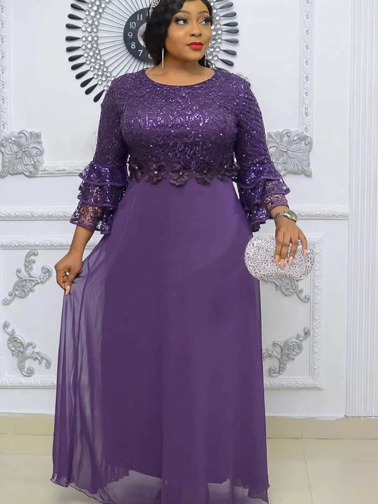 Elegant Women Evening Dresses Luxury Sequin Chiffon Long Dress African Dashiki Outfits Party Prom Birthday Gowns Female Clothing