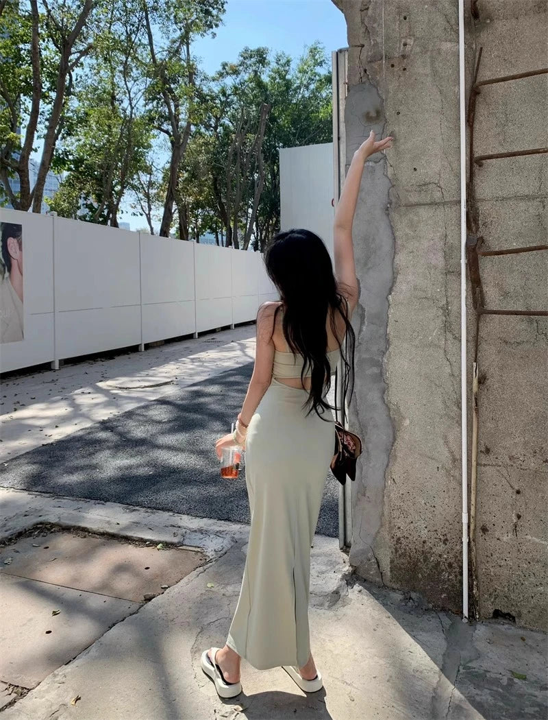 Sexy Spicy Girl Hollow Backless Back Camisole Dress Women's Summer Y2k Clothing Party Bodycon Dresses Split Wrapped Hip Sundress