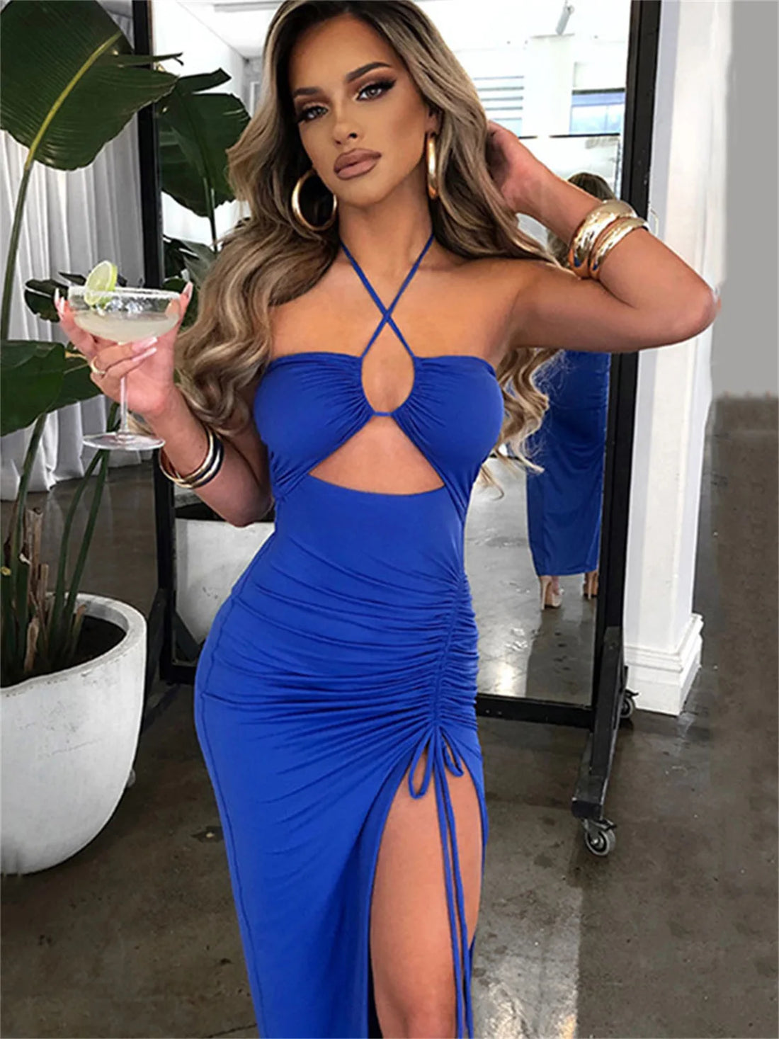 2025 Sexy Sleeveless Backless Dresses Women Summer Lace Up Halter Dress Pleated Split Party Vestidos Bodycon Night Club Clothes