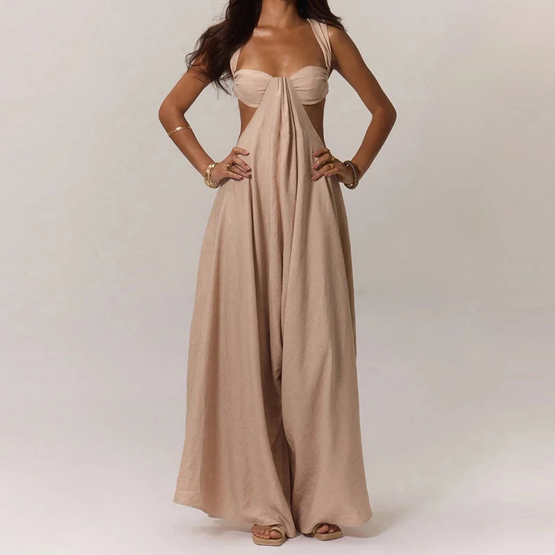 Fashion Hollow Waist Halter Wide Leg Jumpsuits Sexy Tube Top Sleeveless Solid Color Playsuits Lady High Street Commute Rompers