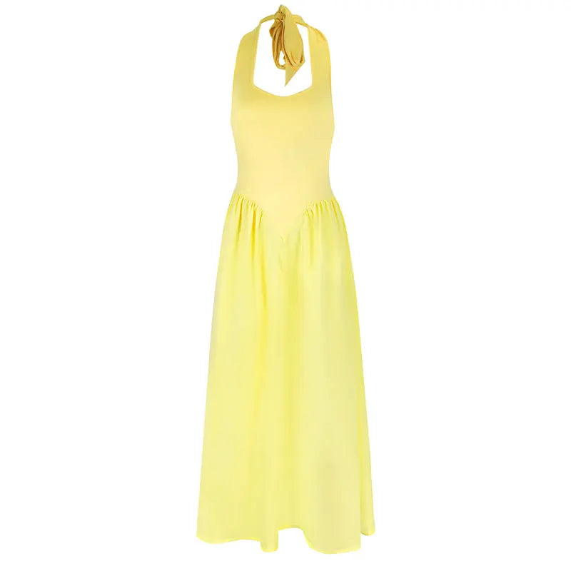 Women's Maxi Dresses New Summer Solid Sexy Backless V-neck Dress Streetwear Fashion Female Casual Slim Halter Dresses Clothing