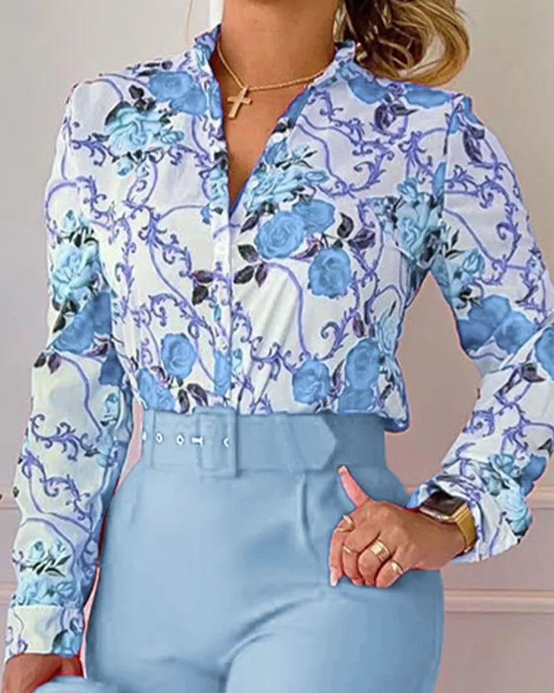 Autumn Winter Stand Neck Floral Print Long Sleeve Shirt Pants Two Piece Sets Elegant Women Casual Shirt Trousers Suits With Belt