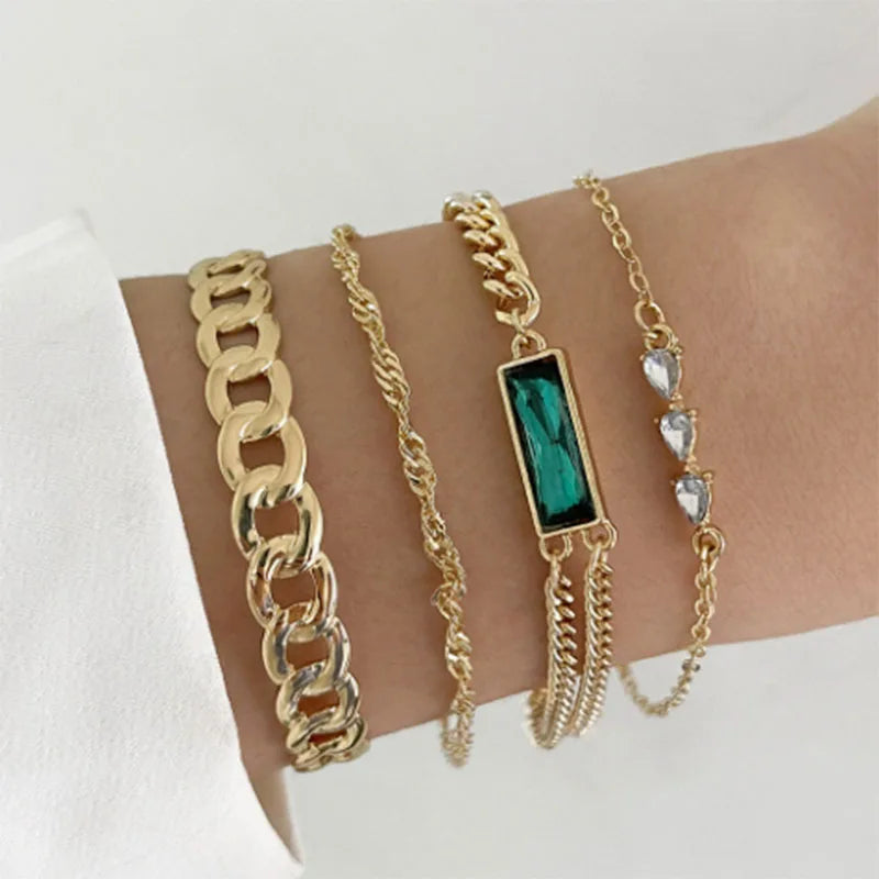 5 PCS Set Hallow Out Heart Green Crystal Stone Bracelet Set For Women Gold Color Lovely Butterfly Rhinestone Girls Bracelet Set