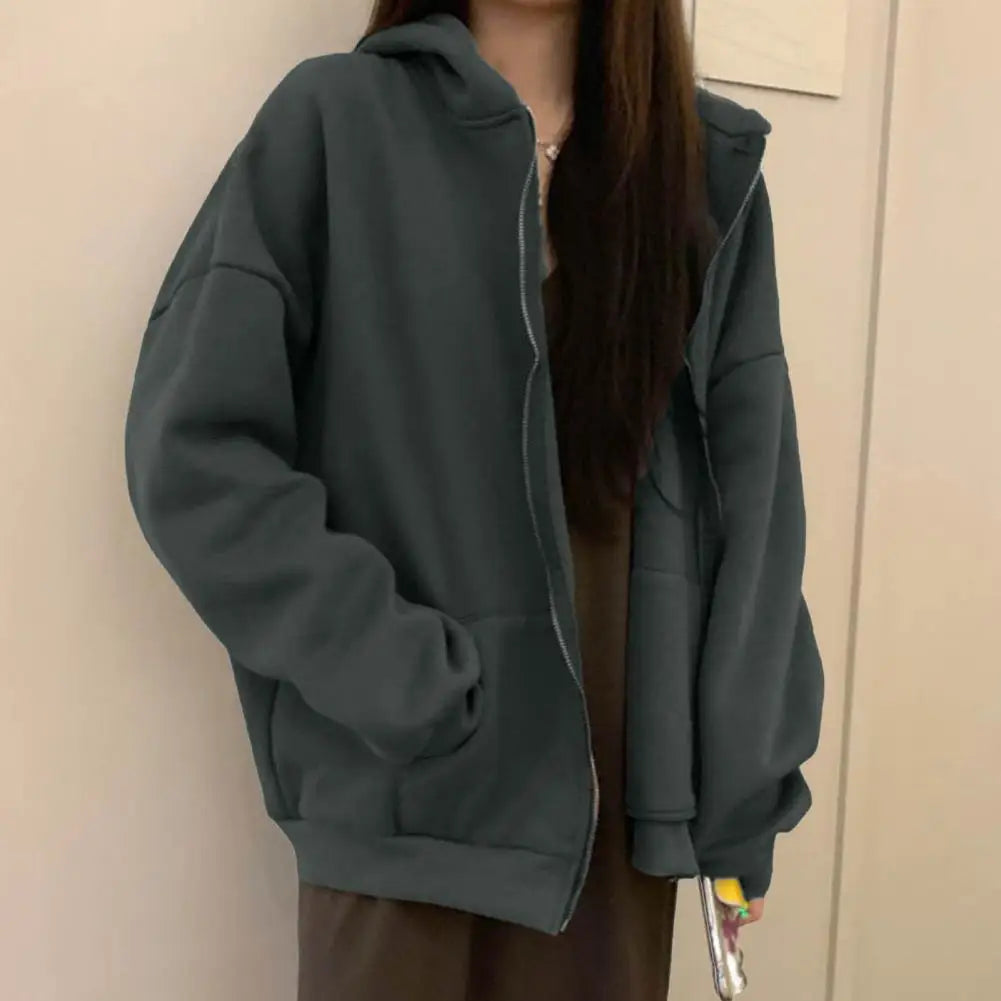 Streetwear Thick Hooded Hoodie Women Vintage Long Sleeve Embroidery Loose Zip Up Hoodies Autumn Couple Sweatshirt Jacket
