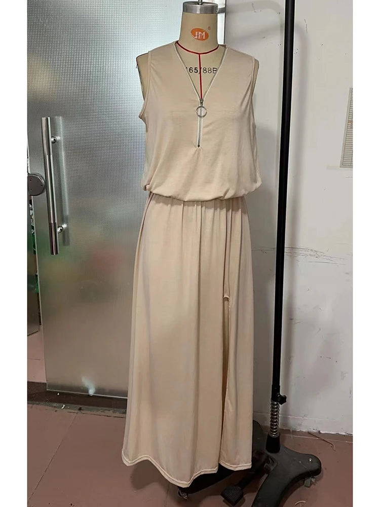 Fashion Sleeveless Tank Zipper Long Dress Women 2023 Summer Loose Casual Solid Slit Elegant Ladies Dresses For Women