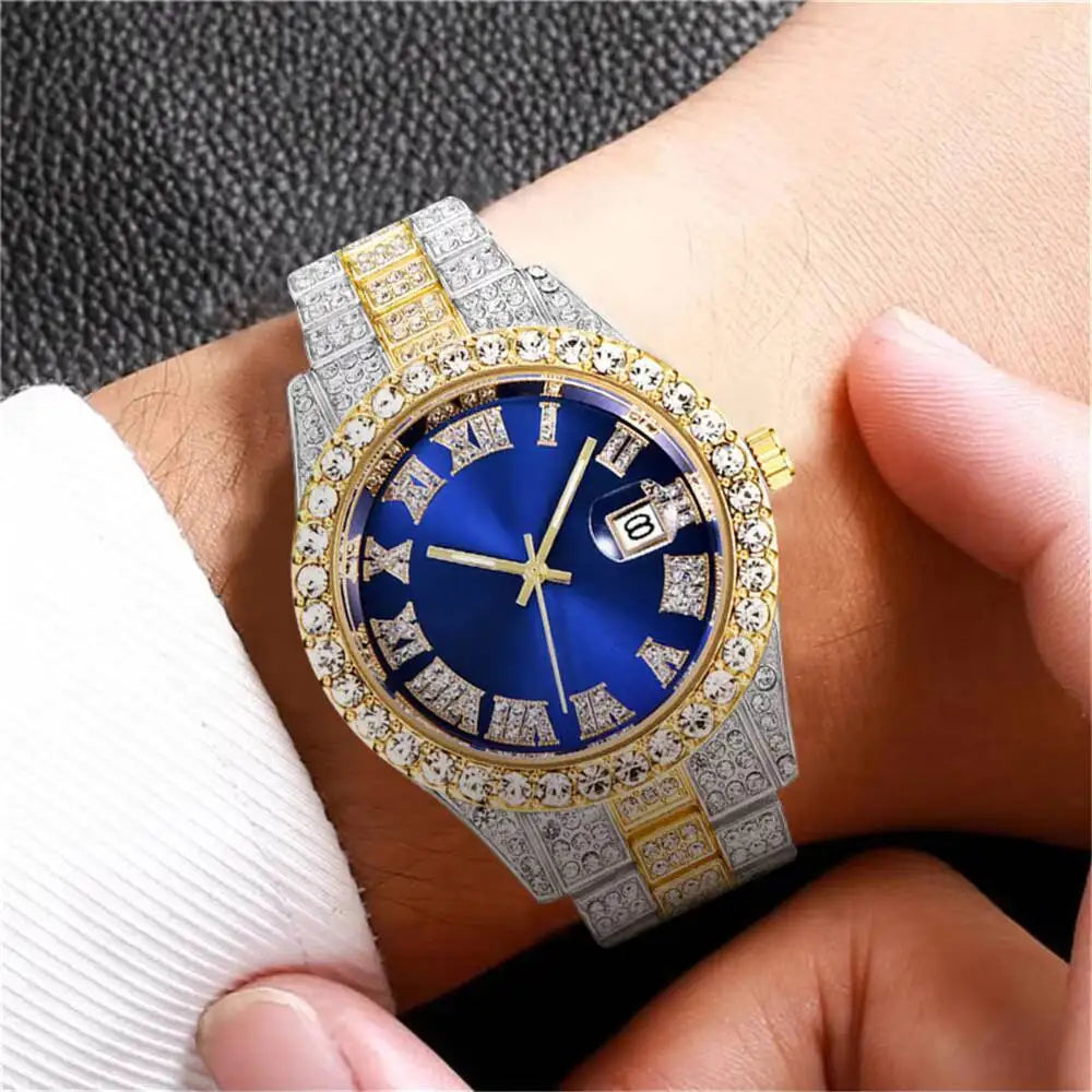 Luxury Full Diamond Men Watches Fashion Stainless Steel Strap Male Quartz Wristwatches Date Calendar Watch Reloj Hombre