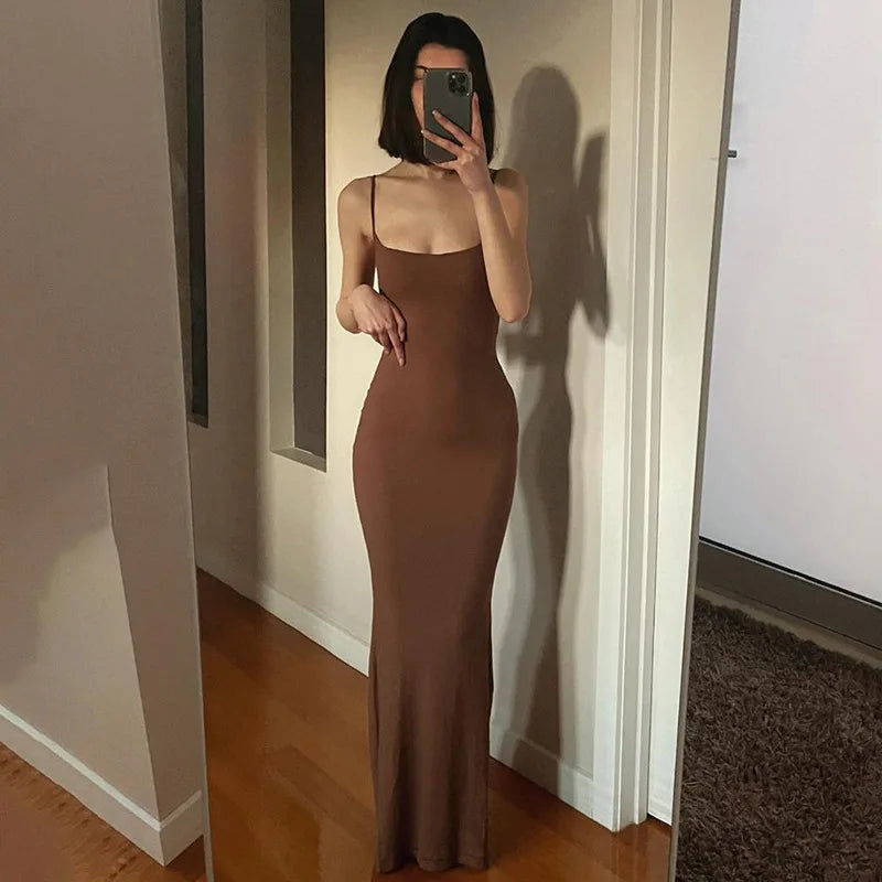 Y2K Backless Sexy Maxi Dress for Women 2025 Spring Slip Sleeveless Slim Party Concise Платье Female Bodycon Black Dress Vestidos