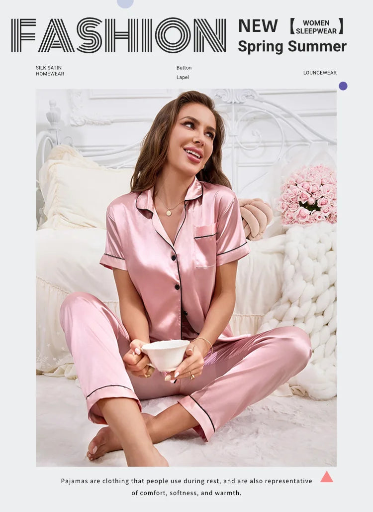Satin Pajama For Women Home Clothes Pajamas Autumn Short Sleeve Turn-down Collar Tops & Pants Sleepwear 2 Piece Set Pyjama Femme