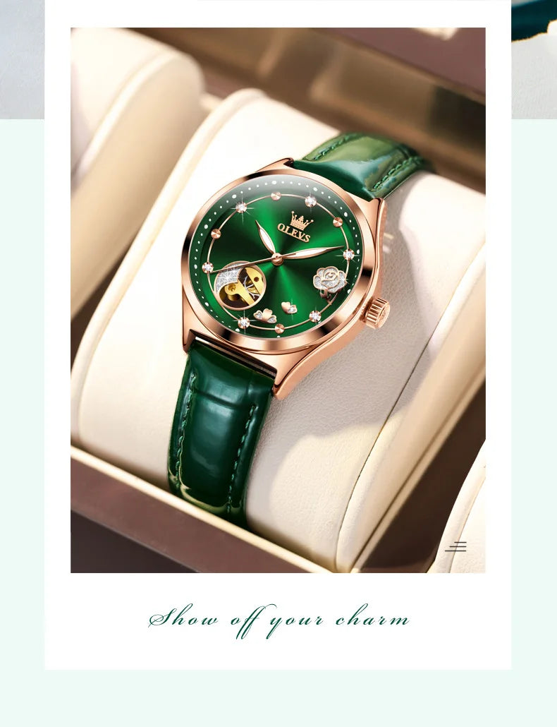 OLEVS Luxury Brand Women Mechanical Watch Leather Strap Waterproof Simple Fashion Ladies Automatic Wristwatch Relojes Para Mujer