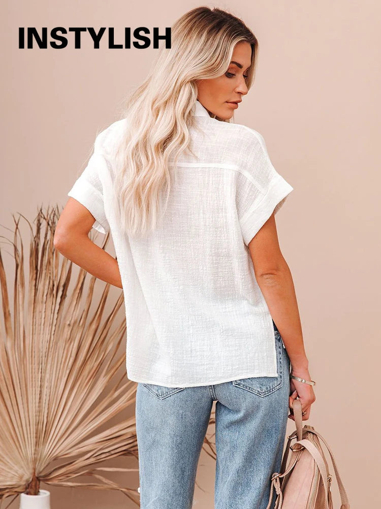 Casual Solid Short Sleeve Cotton Linen Loose Blouse Vintage Harajuku Oversized Shirt Elegant Tunic Summer Tops Women 2022