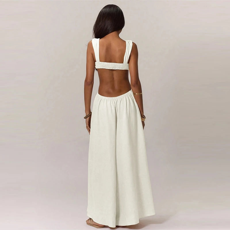 Fashion Hollow Waist Halter Wide Leg Jumpsuits Sexy Tube Top Sleeveless Solid Color Playsuits Lady High Street Commute Rompers