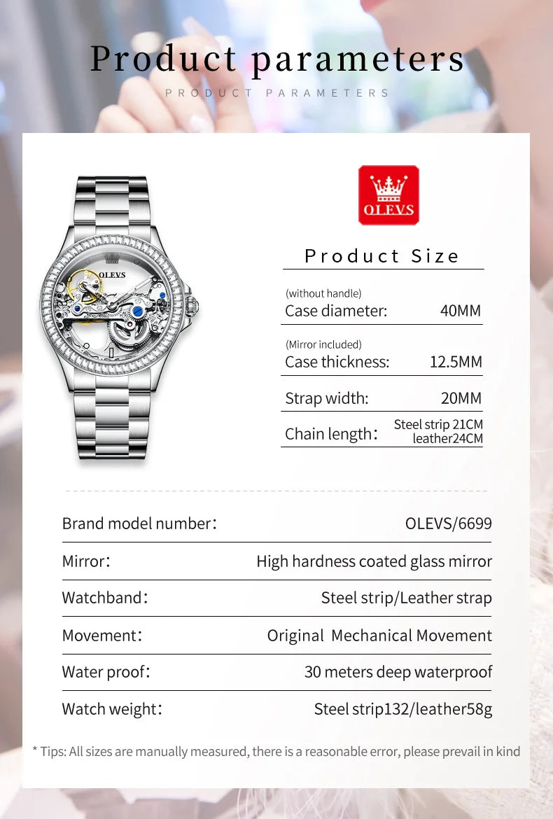 OLEVS Luxury Women Automatic Mechanical Watch Stainless Steel Diamond Inlay Fully Hollow Design Luminous Dial Elegant Wristwatch