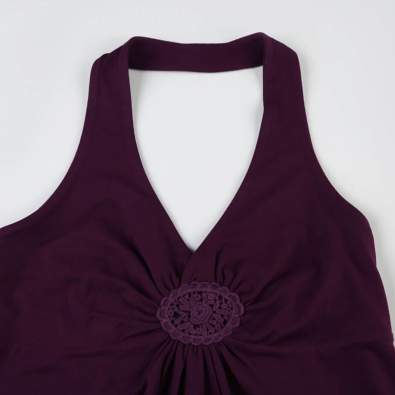 Darlingaga Vintage Embroidered Sticker Cross Halter Backless Camis Women's Fashion Summer A-Line Basic Solid Top Y2K Aesthetics