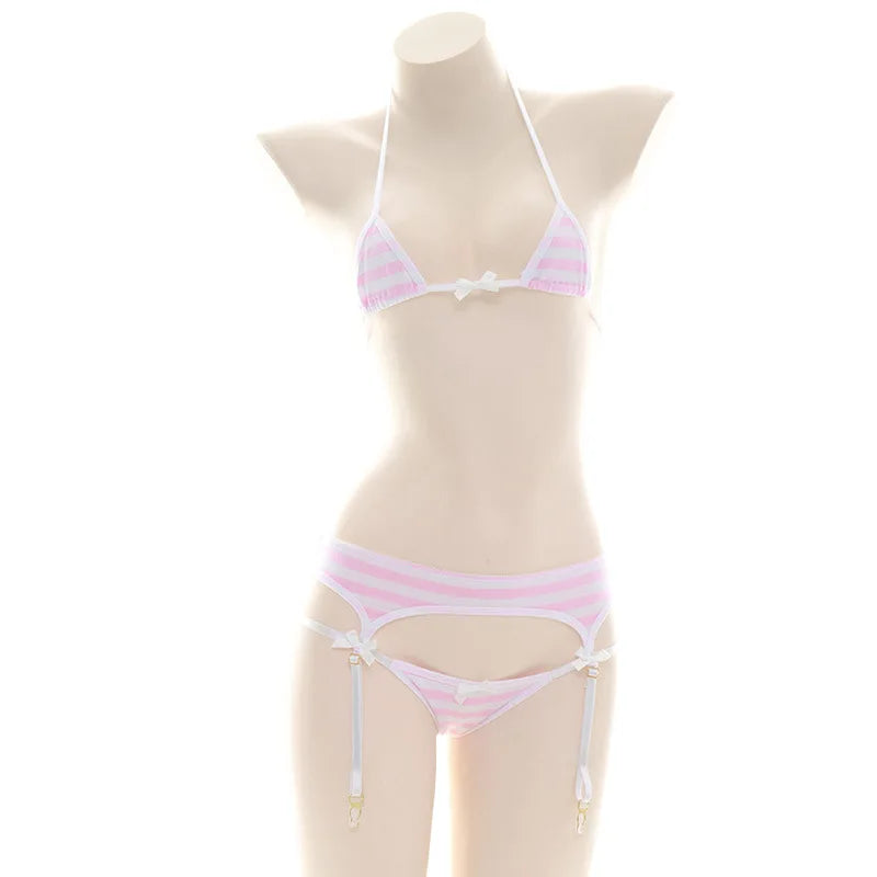2025 Striped Halter Micro Bikini Set Lolita Kawaii Swimsuit Backless String Tied Bathing Suit
