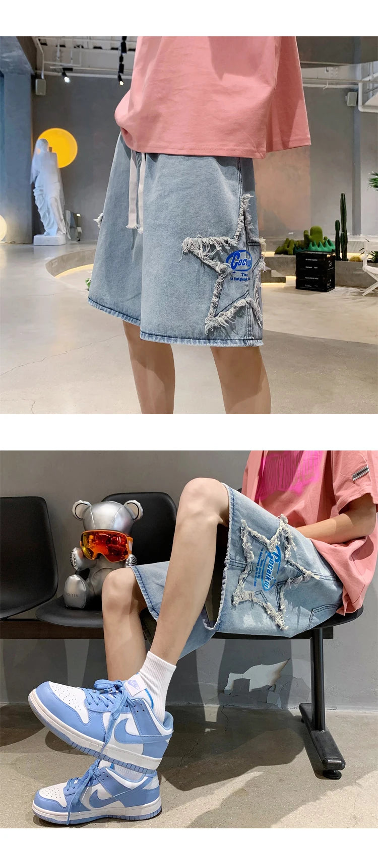 Summer Pentagram Patch Shorts Elastic Waist Letter Printed American Retro Casual Fashion Men Denim Knee-length shorts