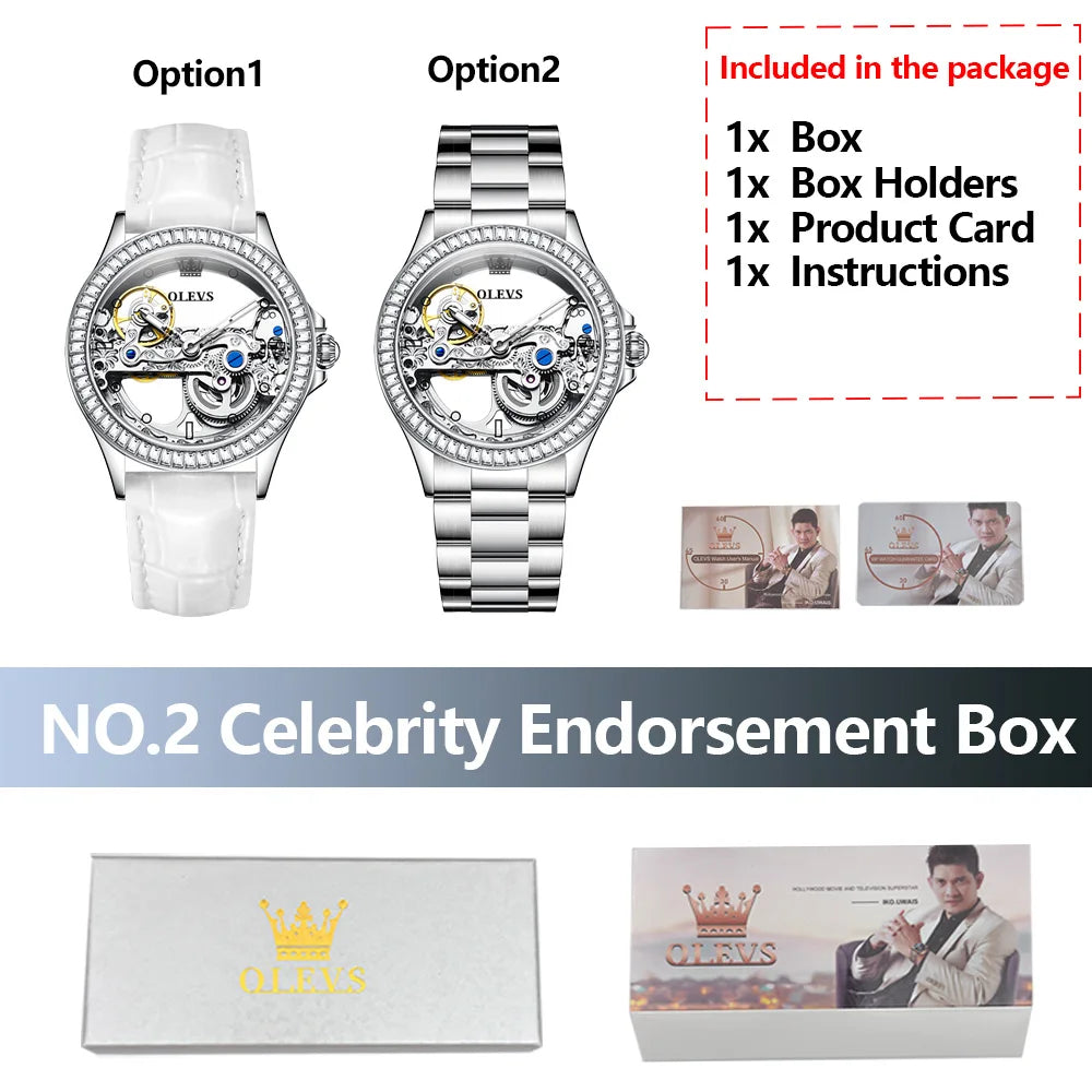 OLEVS Luxury Women Automatic Mechanical Watch Stainless Steel Diamond Inlay Fully Hollow Design Luminous Dial Elegant Wristwatch