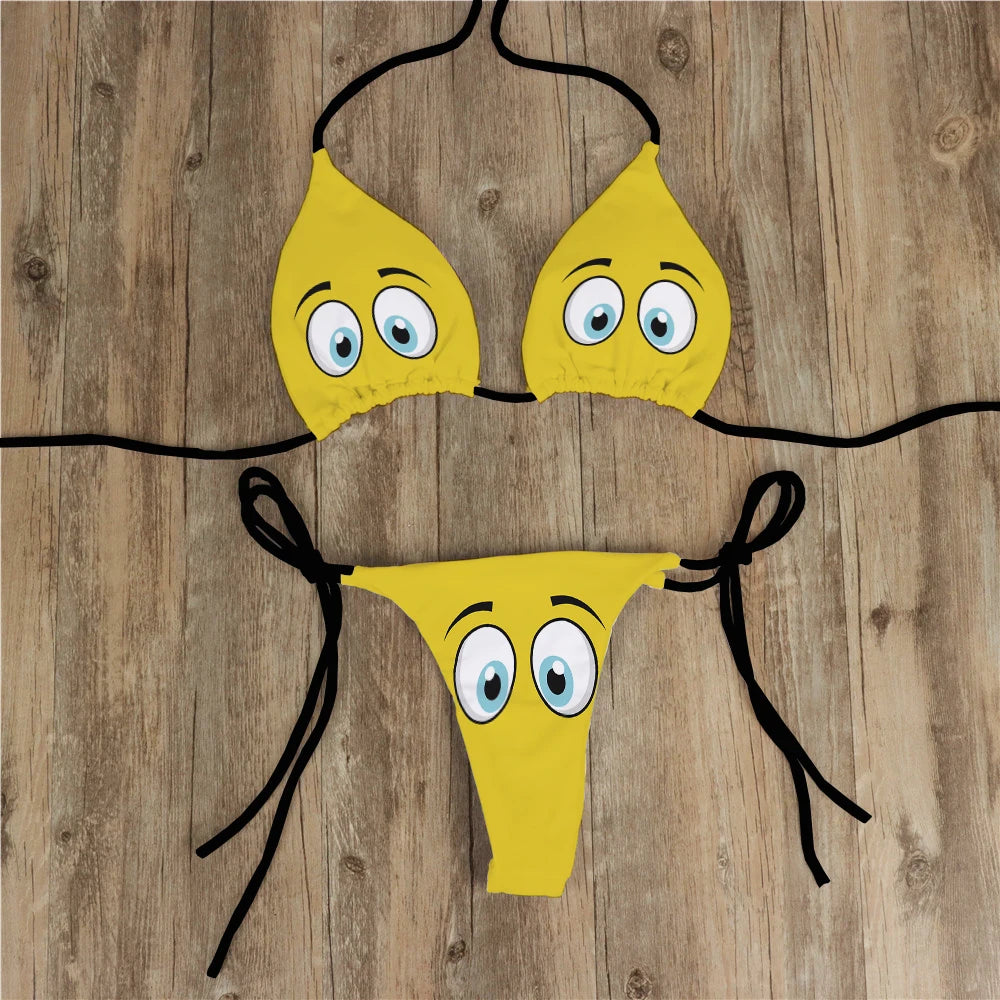 Sexy Bikini Set Yellow Swimsuit Cartoon Print  Fashion Sweet Women's Bra Swimsuit Deep V Summer Beachwear Party Bikini suit