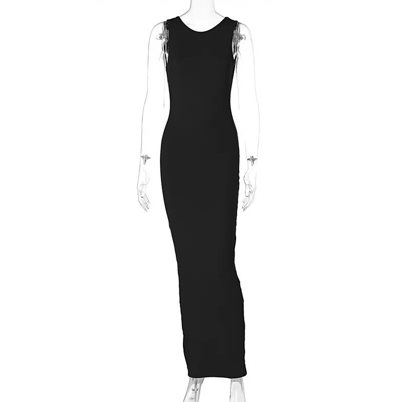 Sexy Open Back Backless Split Slim Bodycon Maxi Dress Women Sleeveless Solid Color Skinny Evening Long Dress Club Party Vestidos